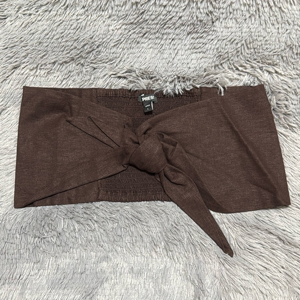 Express Linen Blend Tie Front Bandeau Top